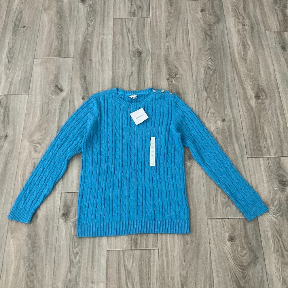 Croft & Barrow Sweater Women's XL Blue Cable Knit Button Shoulder Crew Neck